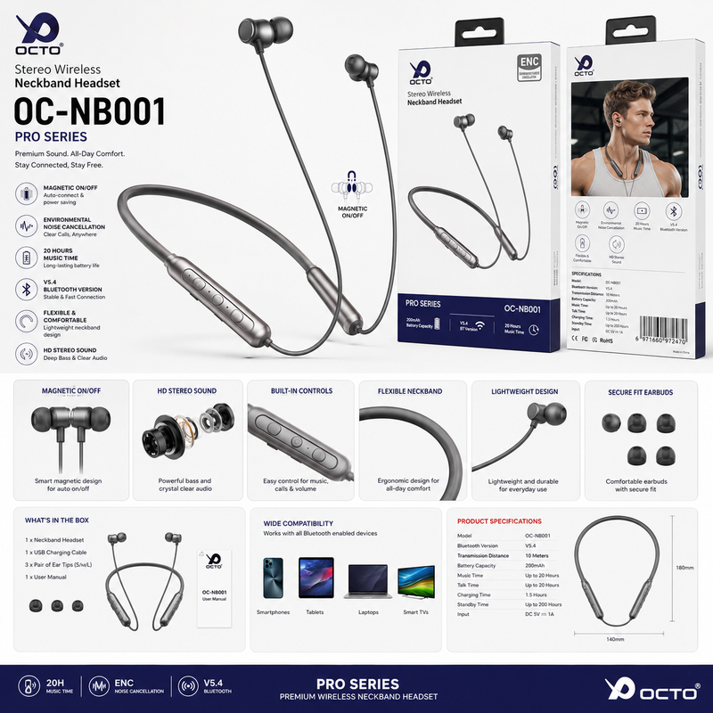 OCTO OC-NB001 Pro Bluetooth 5.4 neckband with 20 hours playtime, best Bluetooth neckband in Pakistan