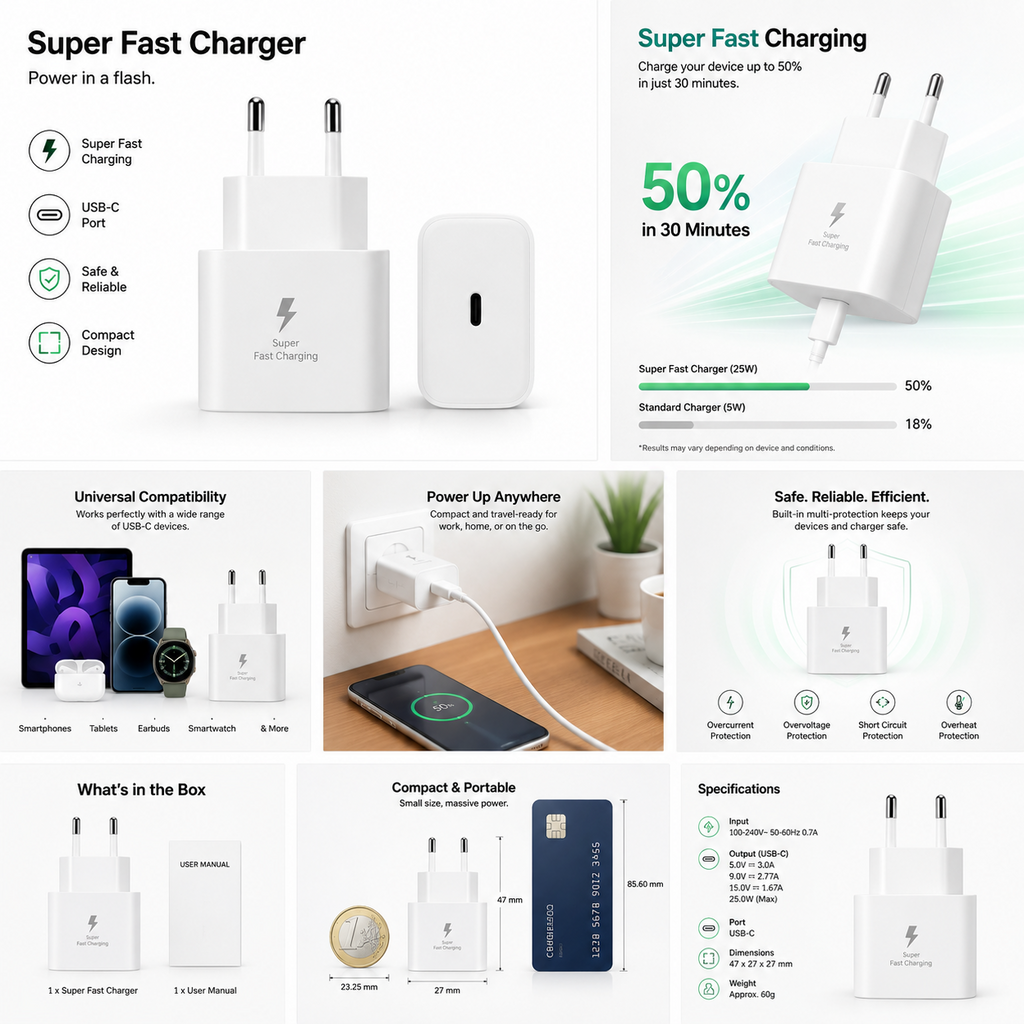 Samsung style 25W USB-C super fast charger, white, EU plug