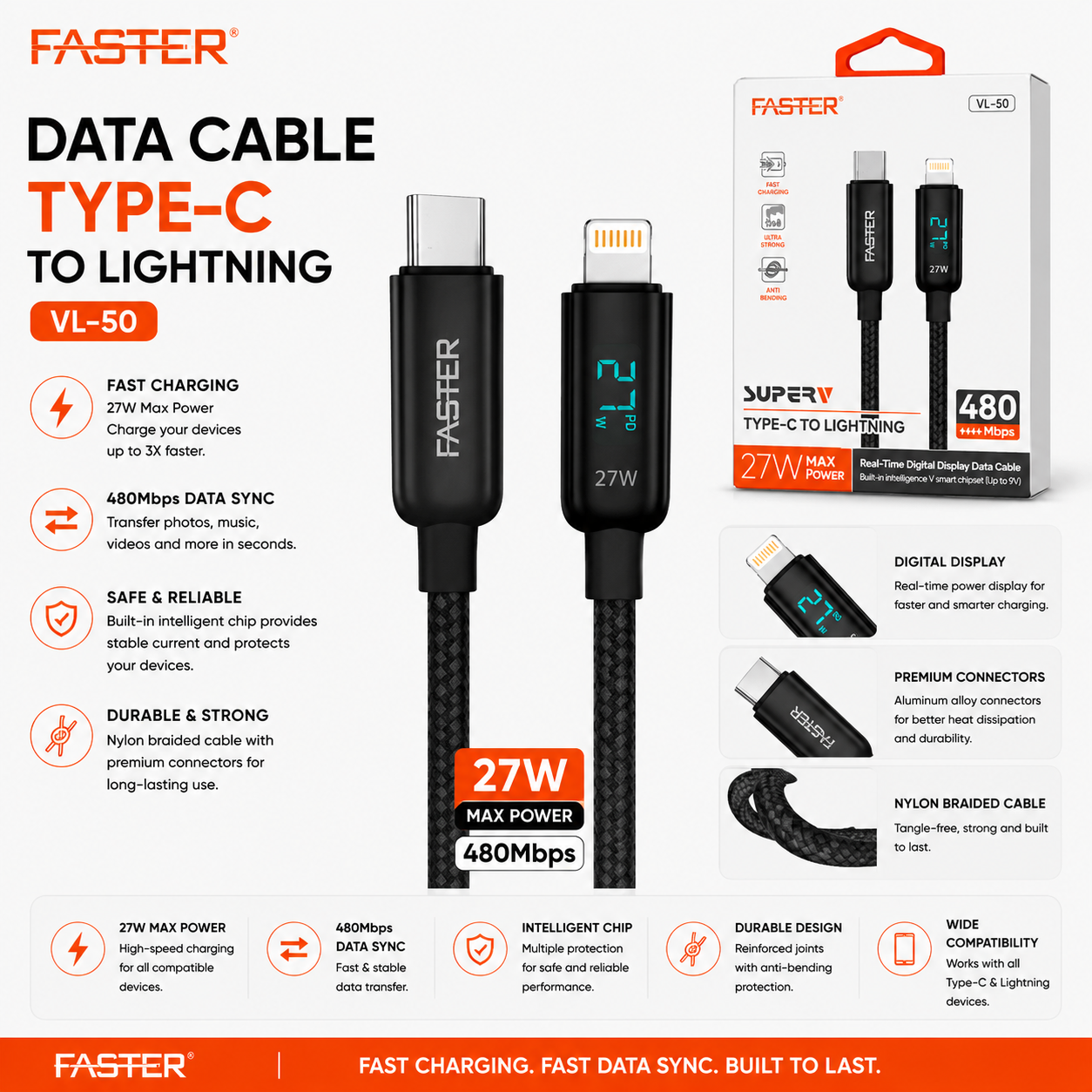 Faster VL-50 SuperV 27W Type-C to Lightning Cable
