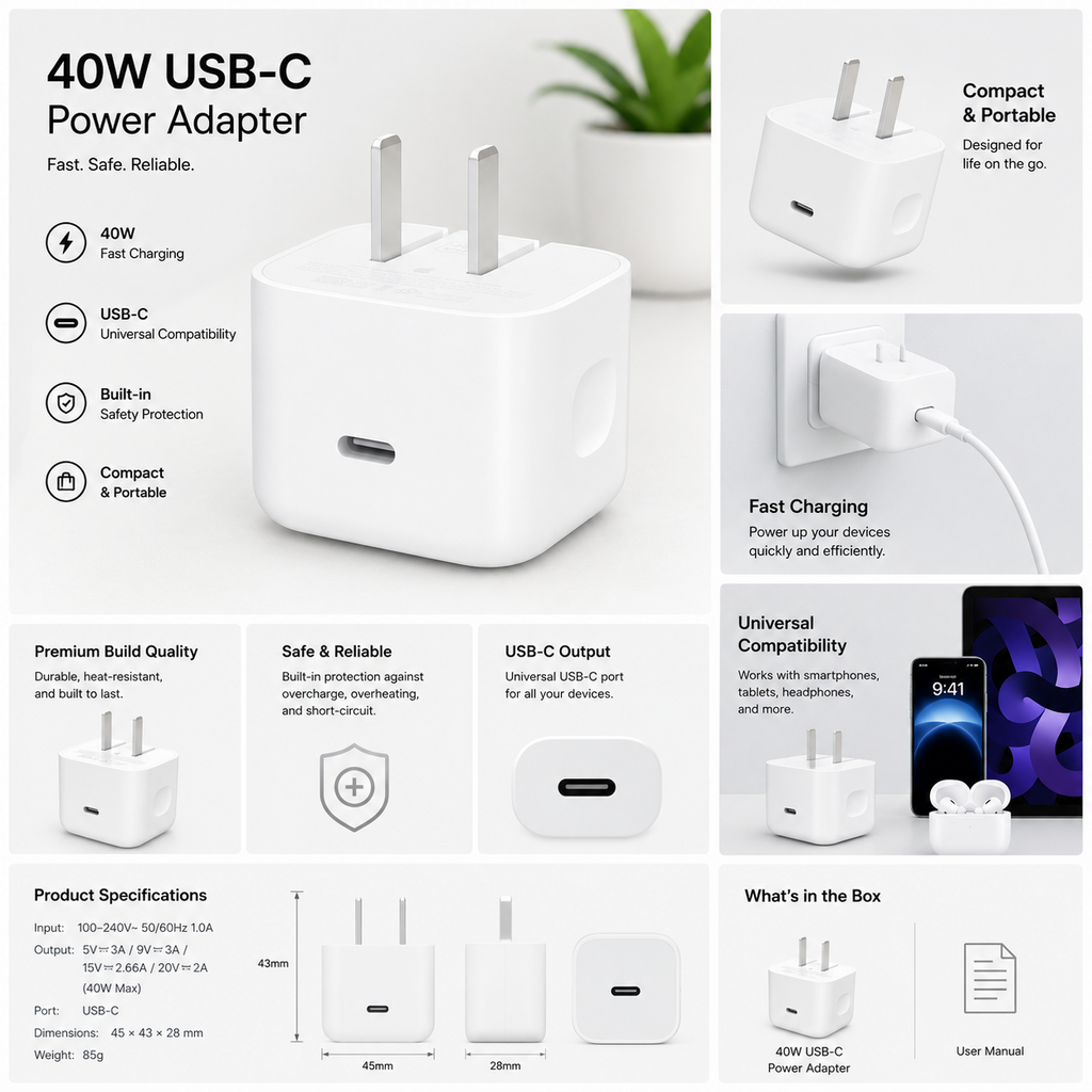 Apple 40W Dynamic Power Adapter (60W Max) USB-C Fast Charger for iPhone 17 Series