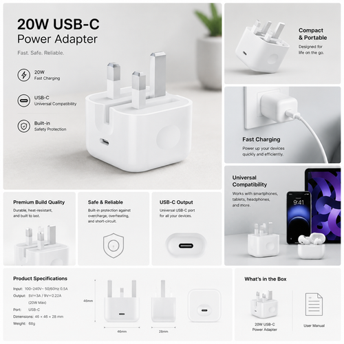Apple 20W USB-C Power Adapter – Fast Charging UK Plug | iPhone Charger Head