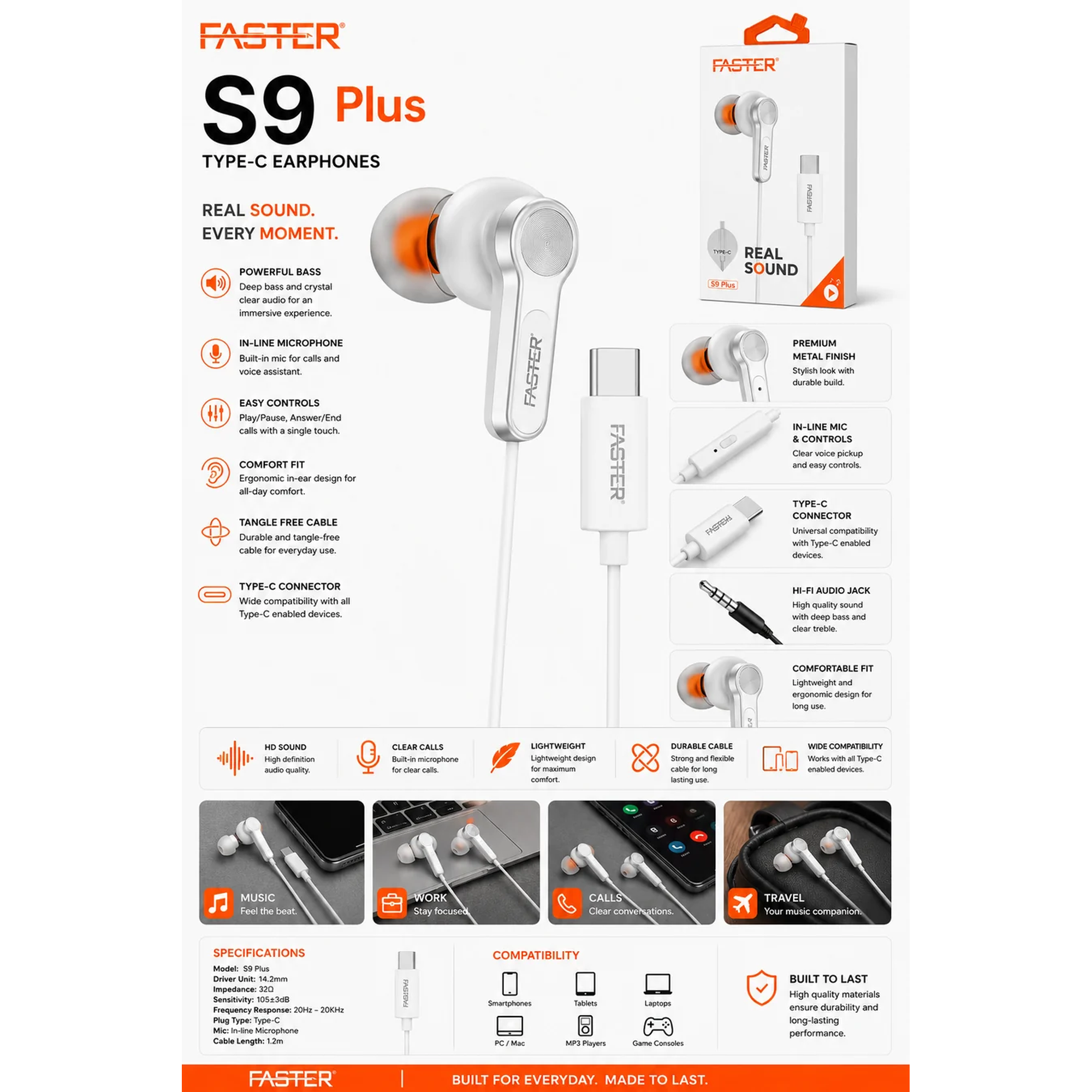 Faster S9 Plus Type-C Real Sound Earphones