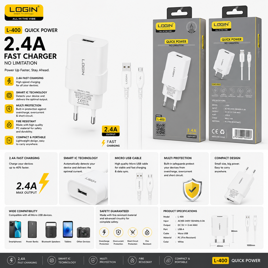 Login L-400 Quick Power 2.4A charger with Micro USB cable