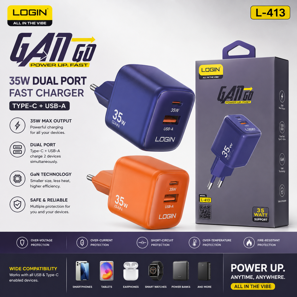Login L-413 GaNGo 35W GaN charger with Lightning cable, transparent purple
