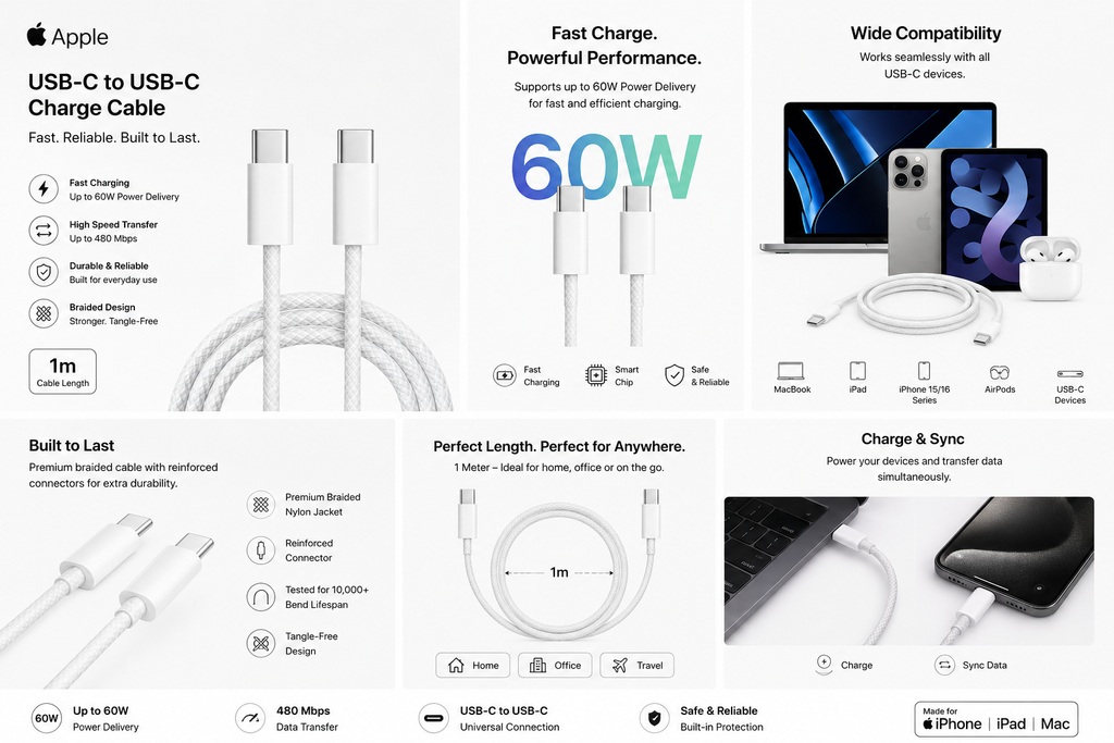 White braided USB-C to USB-C charging cable, Apple style