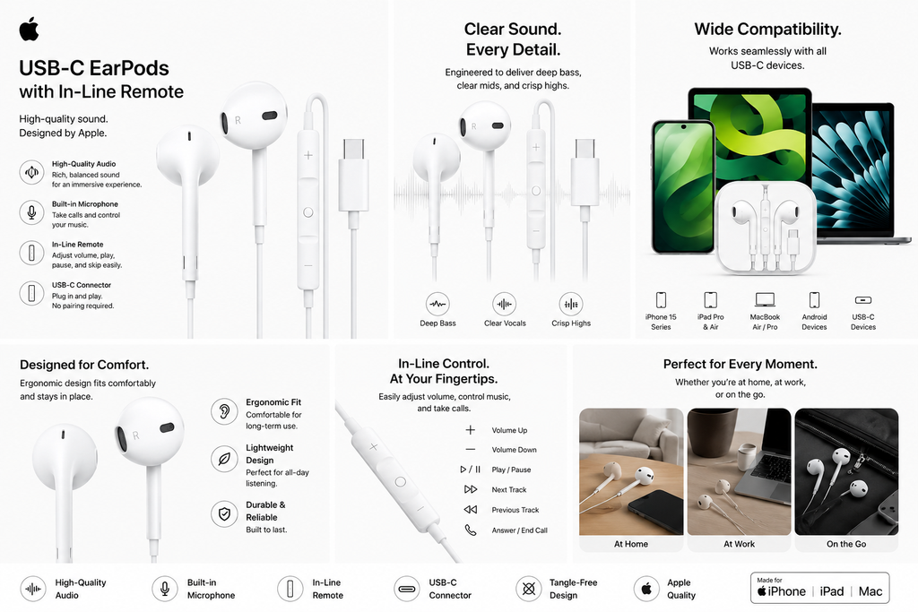 EarPods style wired earphones with USB-C connector and mic