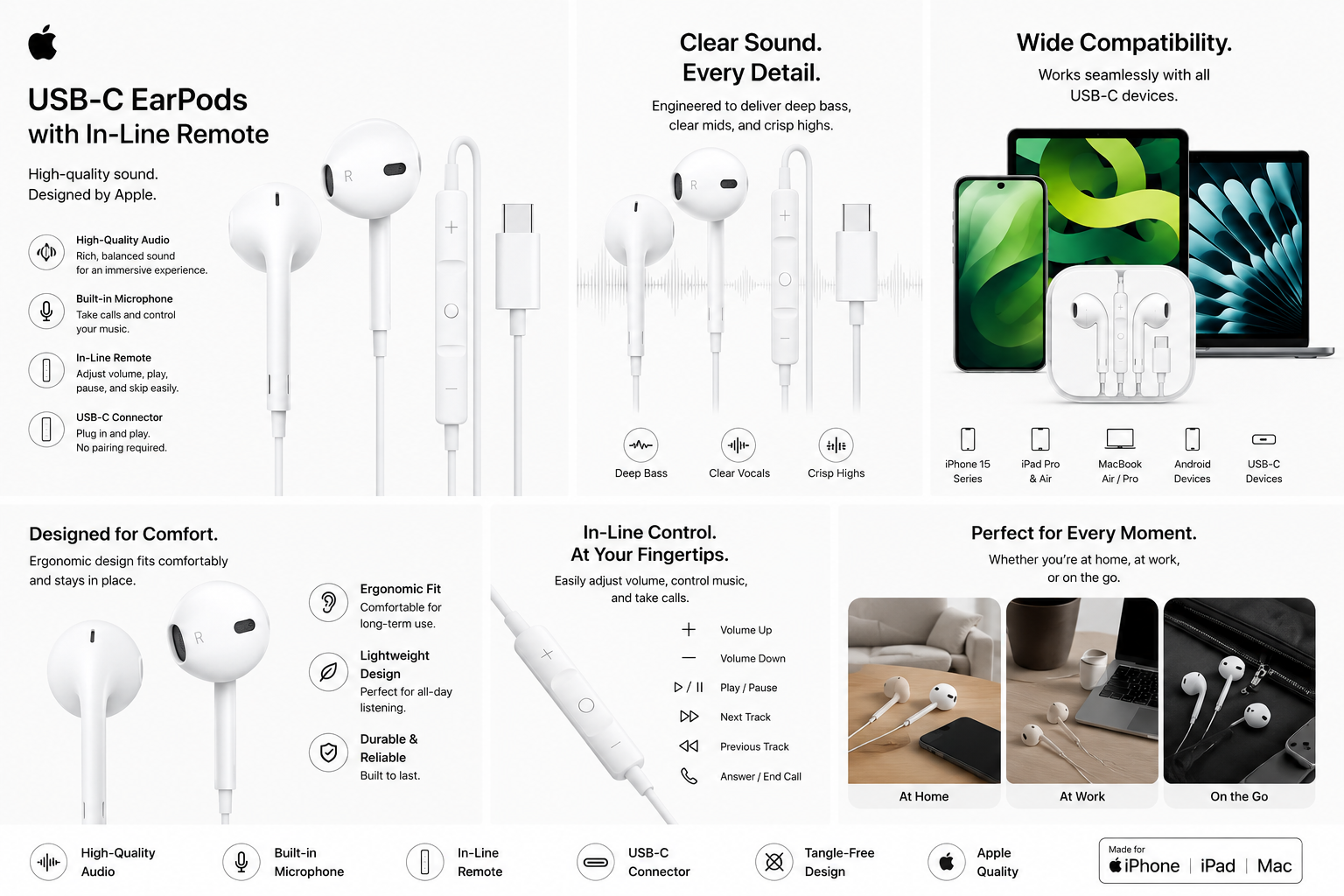 Apple Earphone with USB-C Connector - Wired Earphones for iPhone 15 & iPad