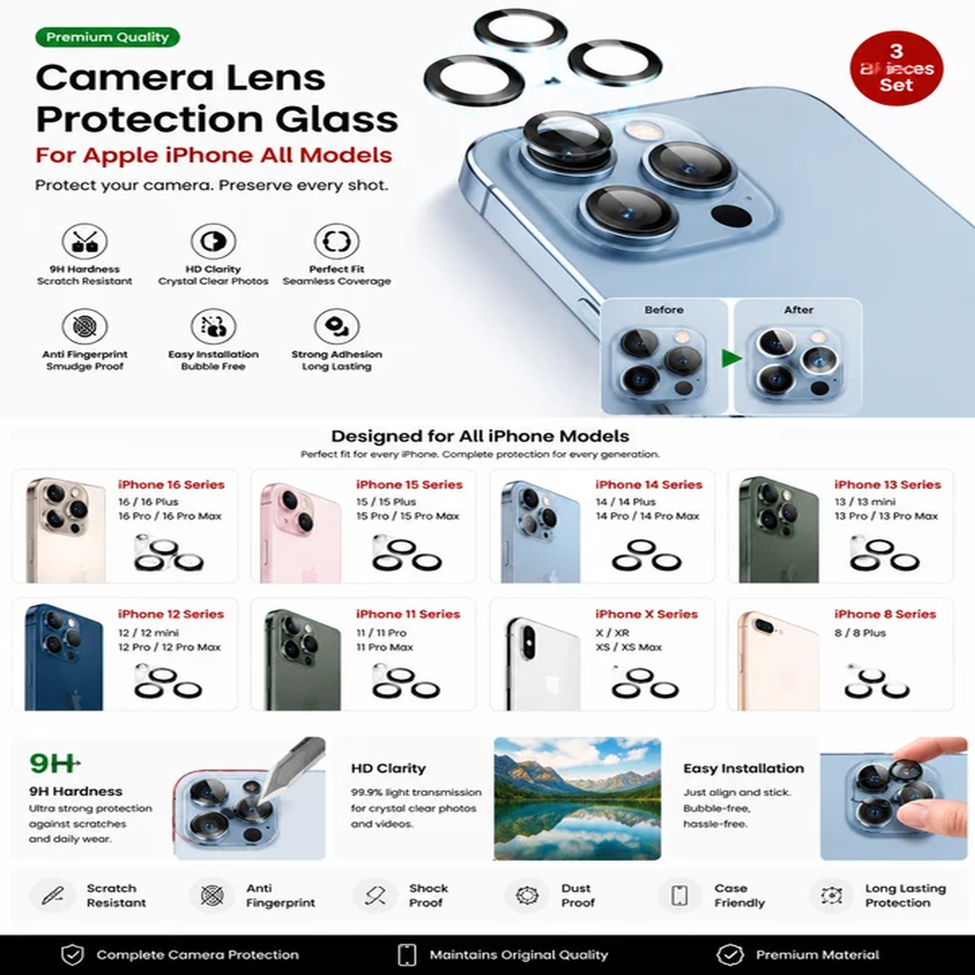 Apple iPhone Camera Protection Glass - Premium Lens Protector (iPhone 11 to 17 Pro Max)