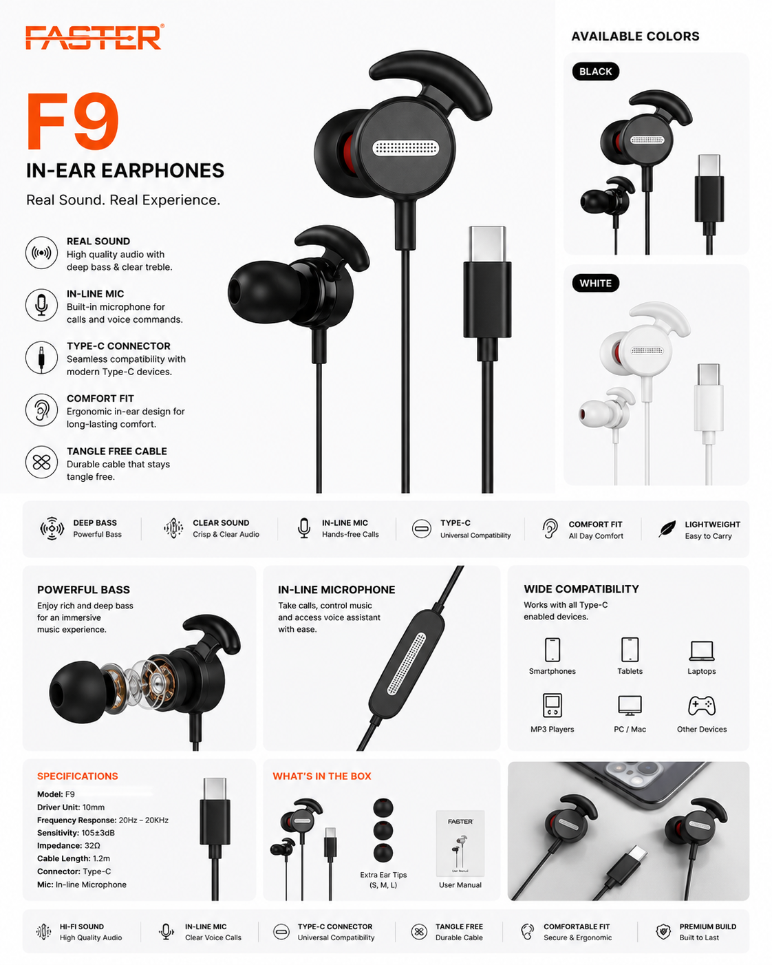 Faster F-9T Type-C Wired Earphones with Mic — Real Sound