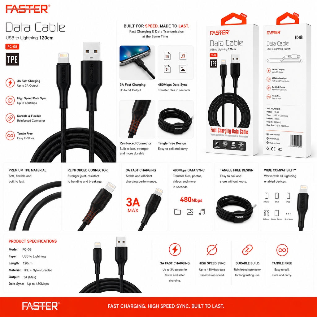 Faster FC-08 USB to Lightning Fast Charging Data Cable