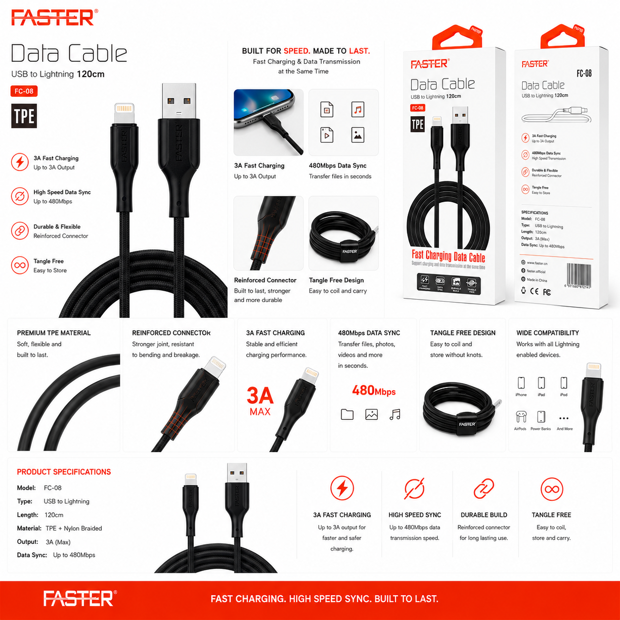 Faster FC-08 USB to Lightning Fast Charging Data Cable