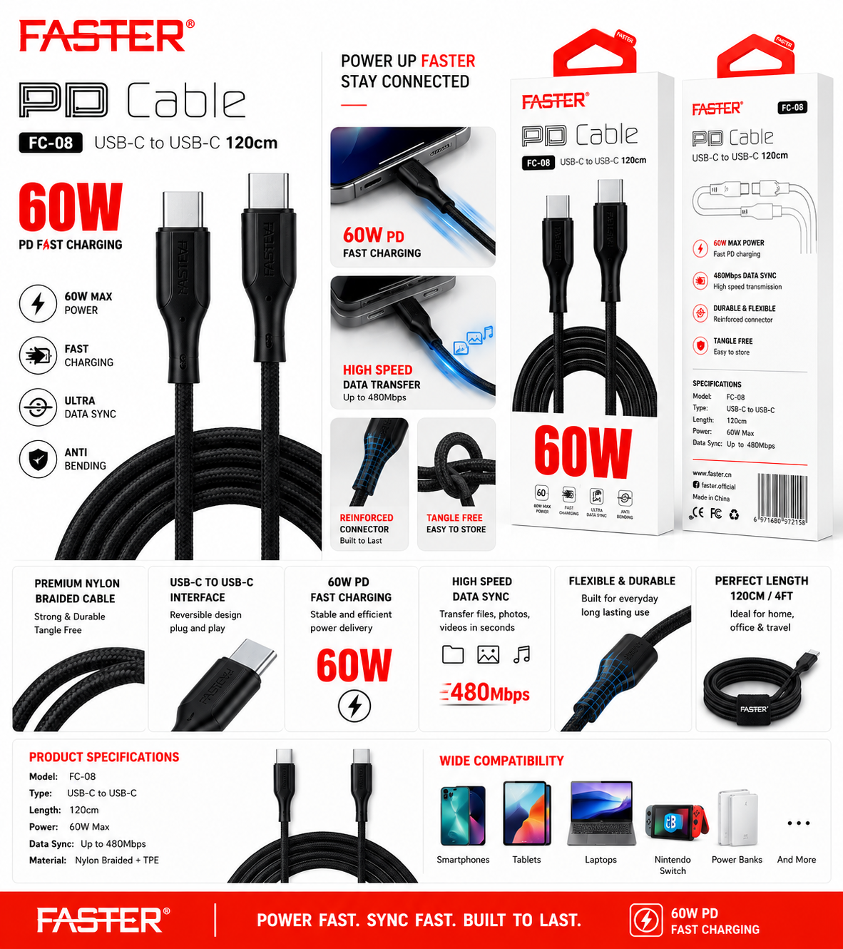 Faster FC-08 USB-C to USB-C 60W PD Fast Charging Cable