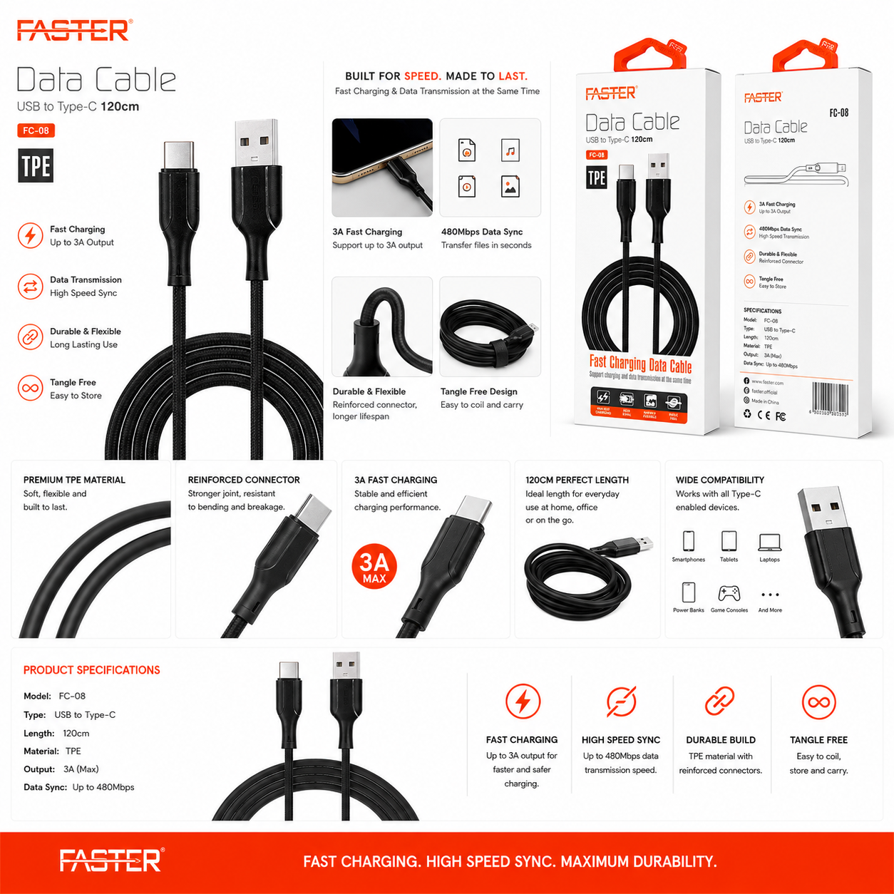 Faster FC-08 USB to Type-C Fast Charging Data Cable