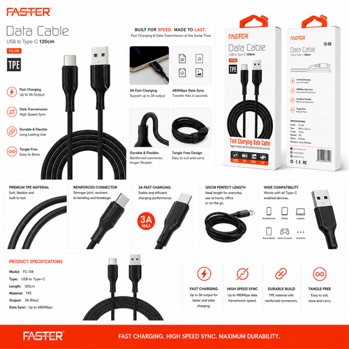Faster FC-08 USB to Type-C charging data cable, black, 1.2m