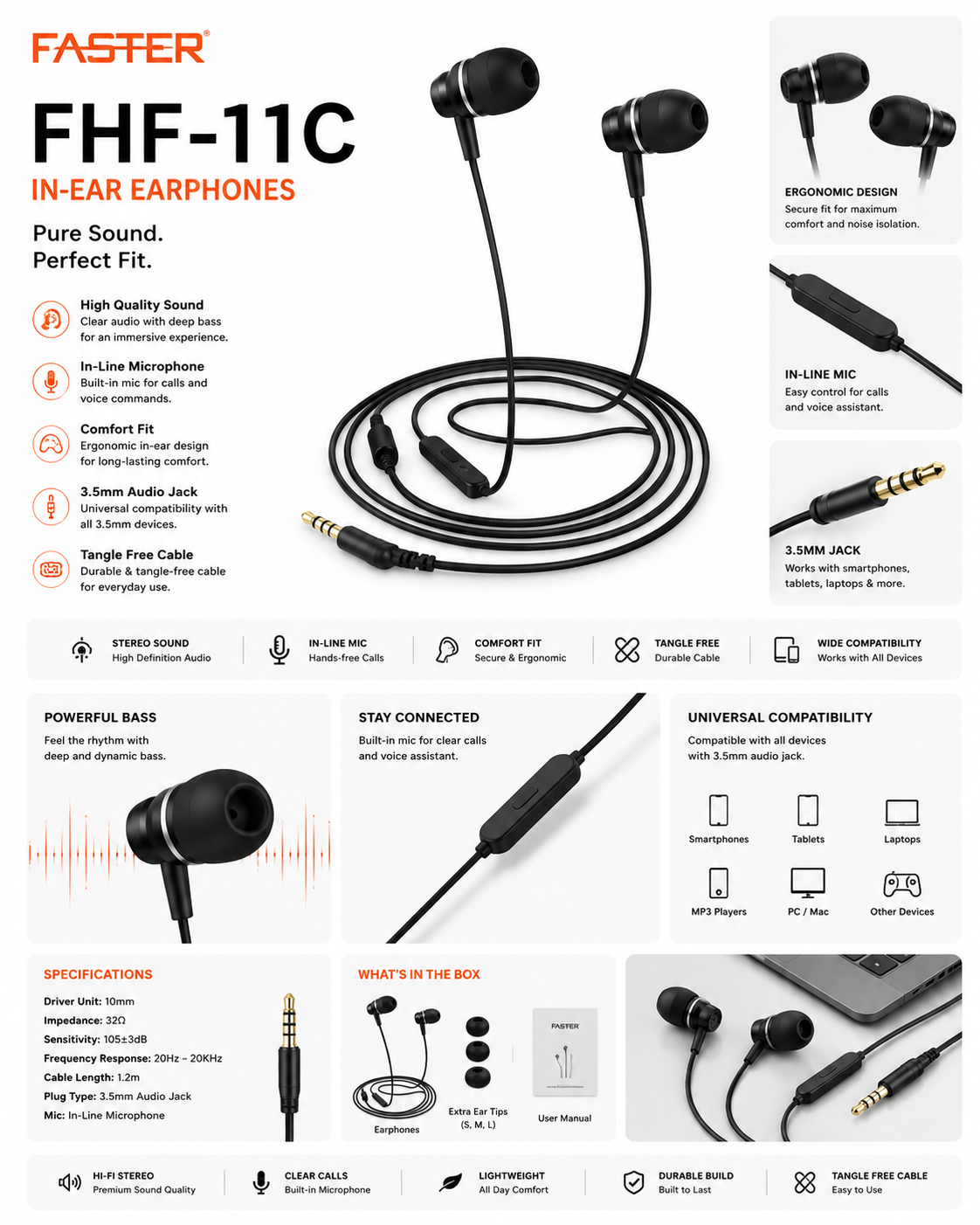 Faster FHF-11C Wired Earphones with Mic