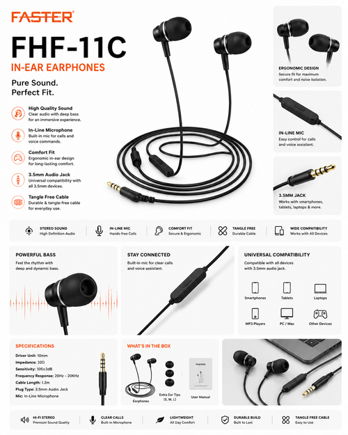 Faster FHF-11C metal wired earphones with flat cable, black
