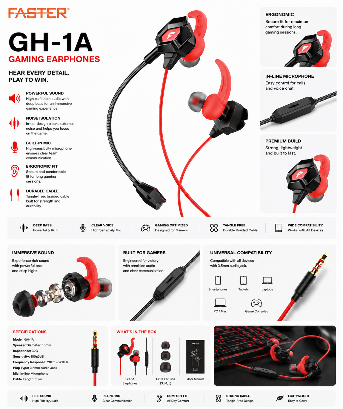 Faster GH-1A Gaming In-Ear Headset with Detachable Mic
