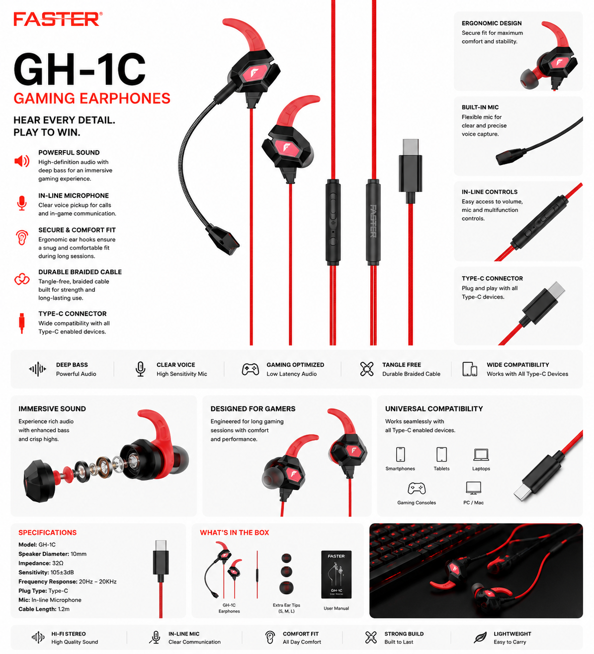 Faster GH-1C  Gaming In-Ear Headset with Detachable Mic - Type-C