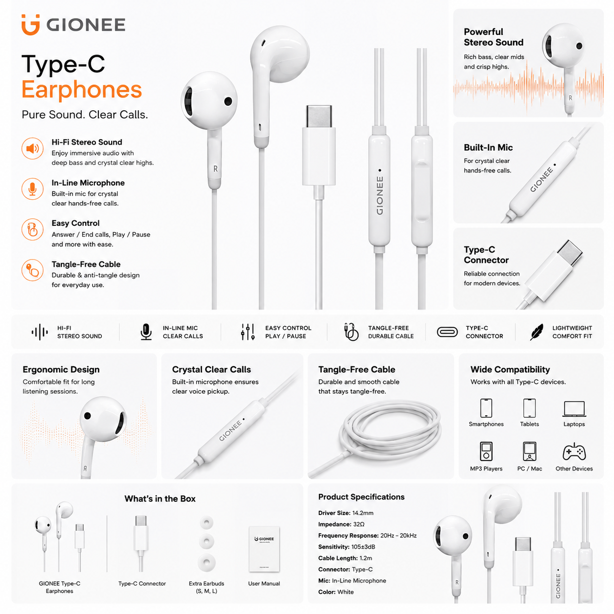Gionee Type-C Wired Handsfree Earphones with Mic