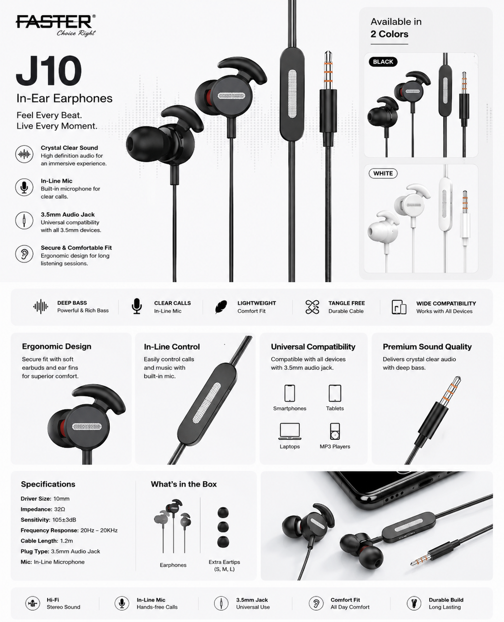 Faster J10 sport wired earphones with ear hook wing tips, white