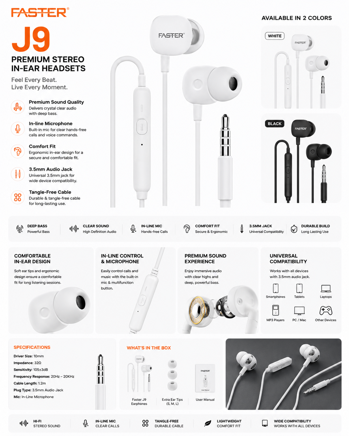 Faster JOY J9 Premium Stereo In-Ear Headset with Mic