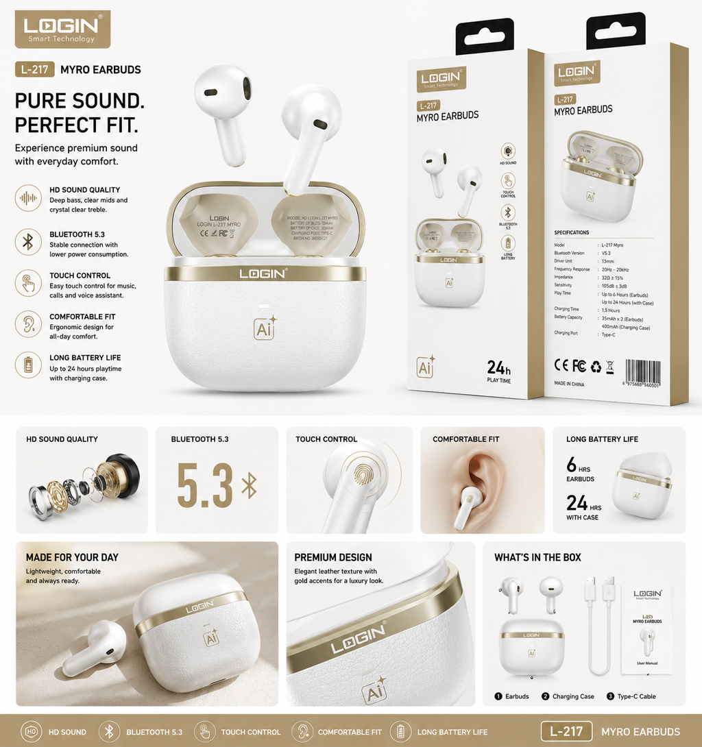 Login L-217 Myro AI wireless earbuds, pearl white with gold rim case