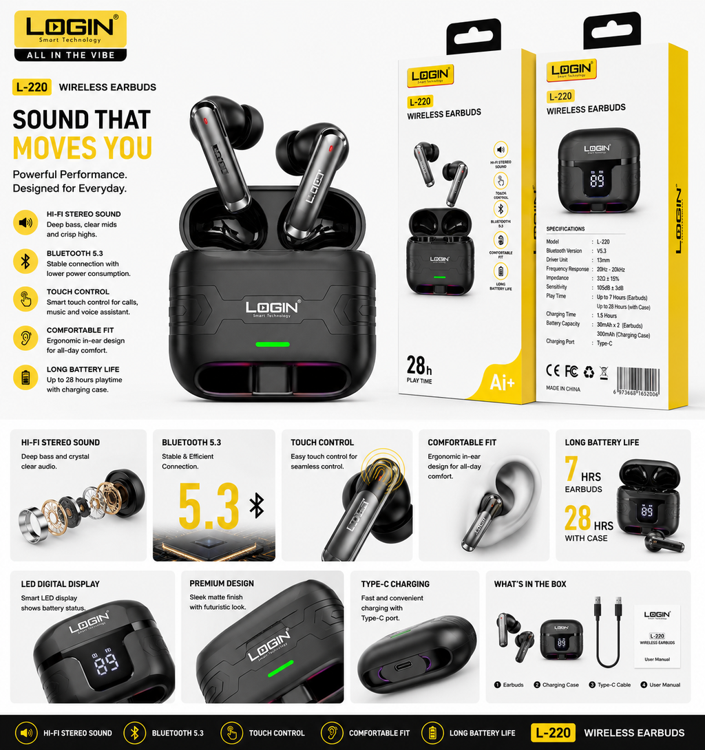 Login L-220 low latency gaming earbuds with RGB tactical case