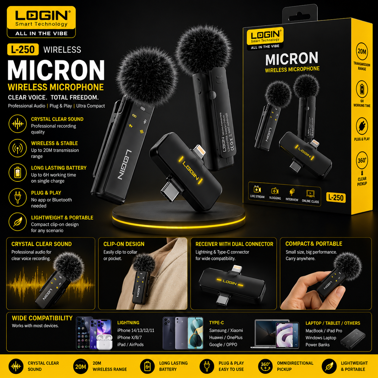 Login L-250 Dual Wireless Micron Microphone USB-C & Lightning