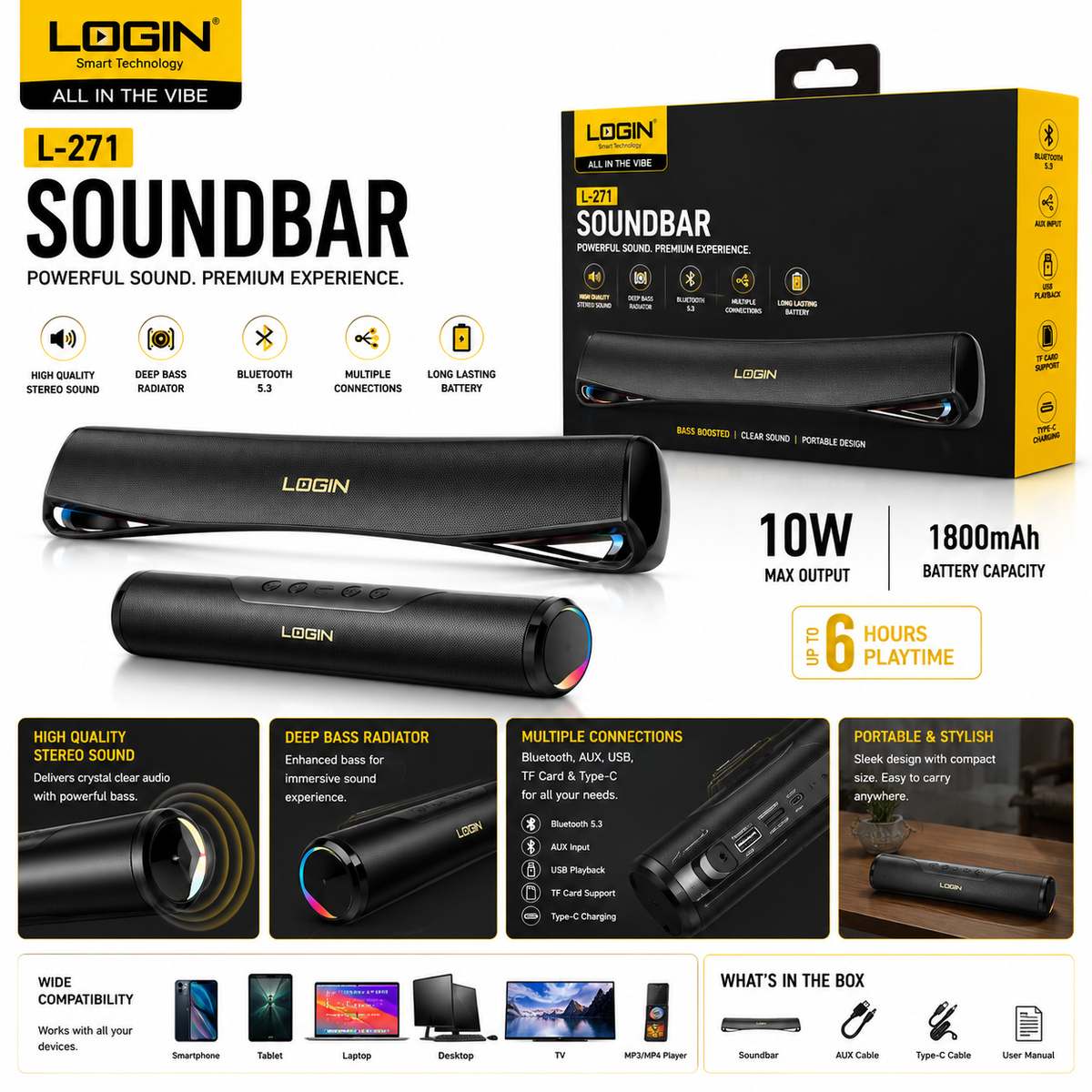 Login L-271 portable Bluetooth soundbar speaker, space grey metal body