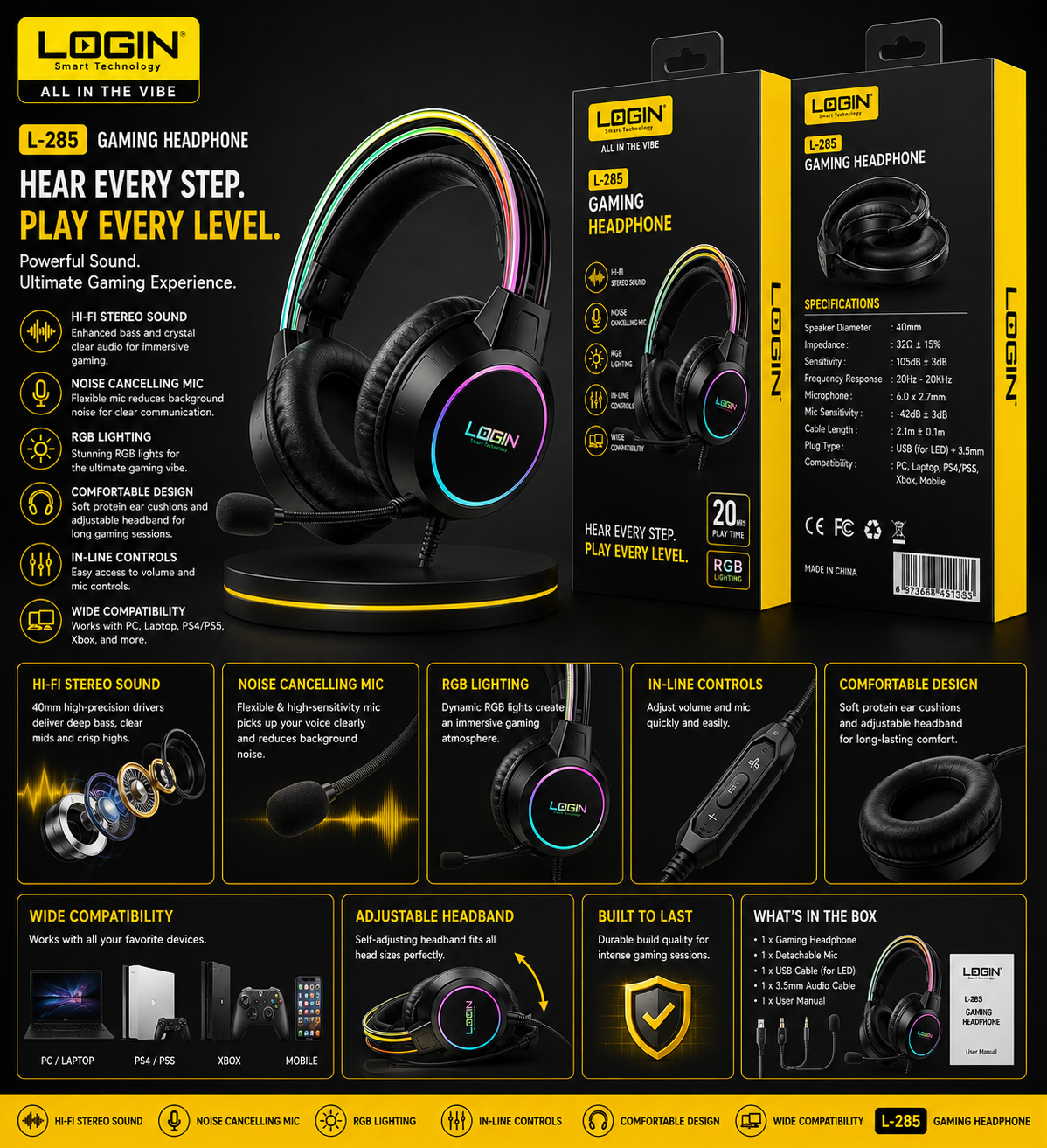 Login L285 RGB wired gaming headset with boom mic, 3.5mm