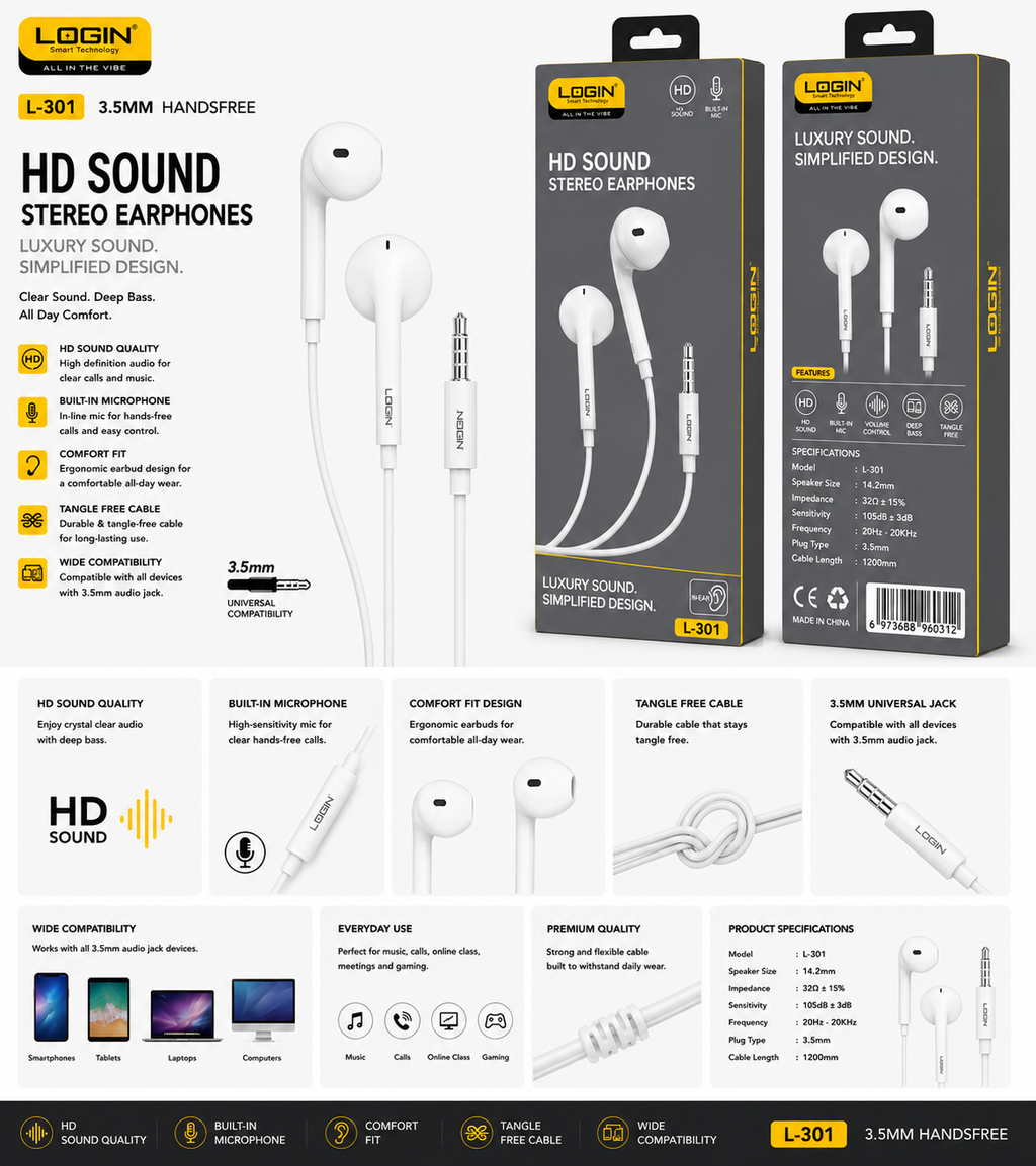 Login Cleon L-301 wired earphones with mic, 3.5mm, white