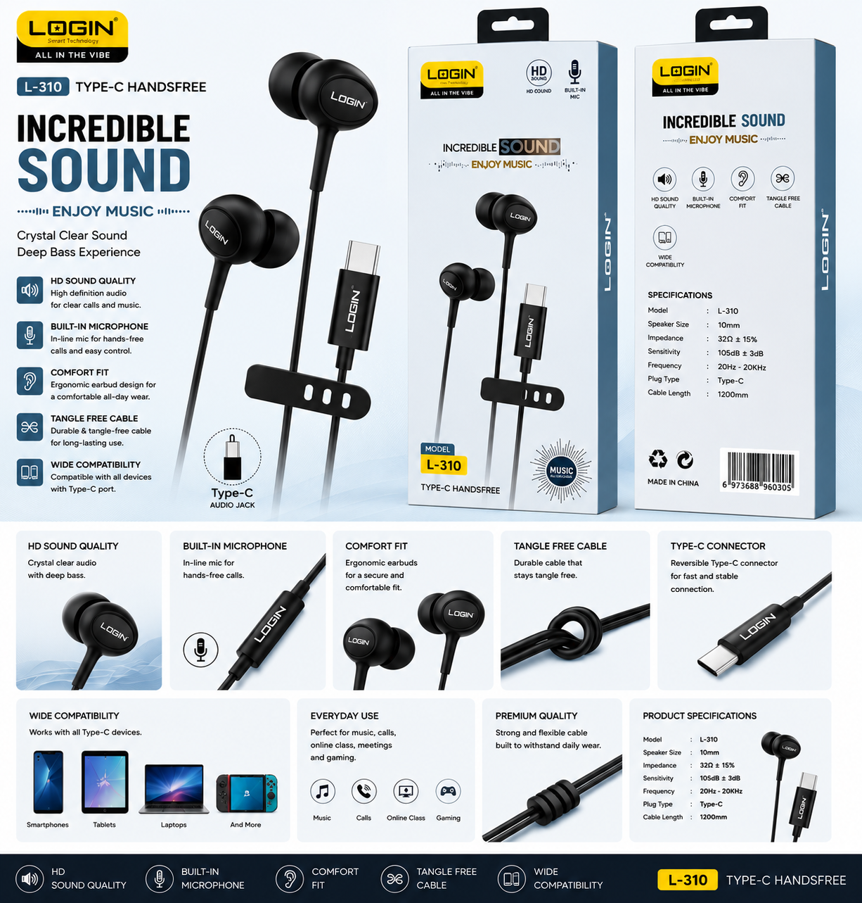 Login L-310 Music Type-C Wired Earphones