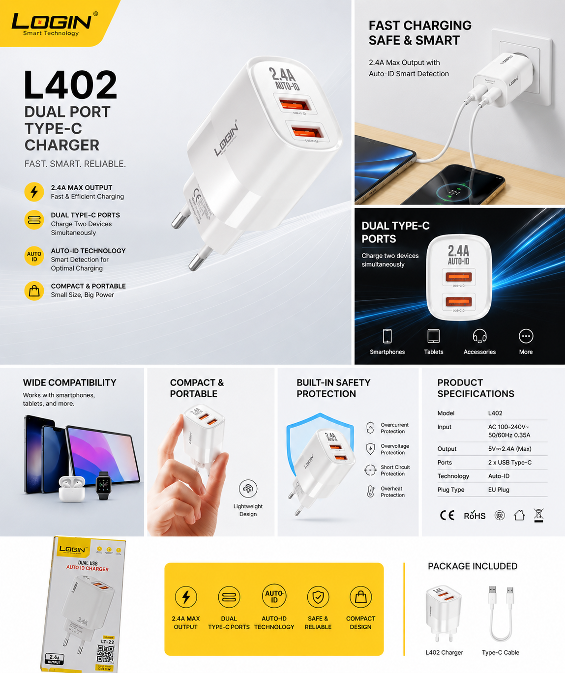 Login L-402 Dual USB 2.4A Auto-ID Fast Charger