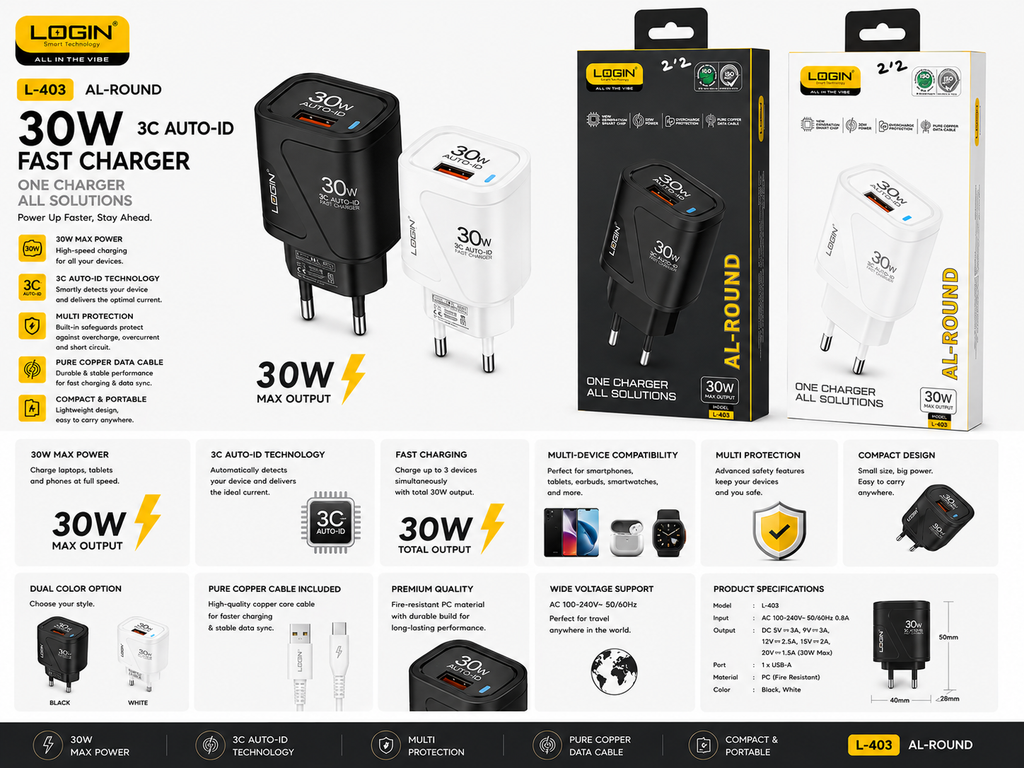 Login L-403 Al-Round 30W Fast Charger