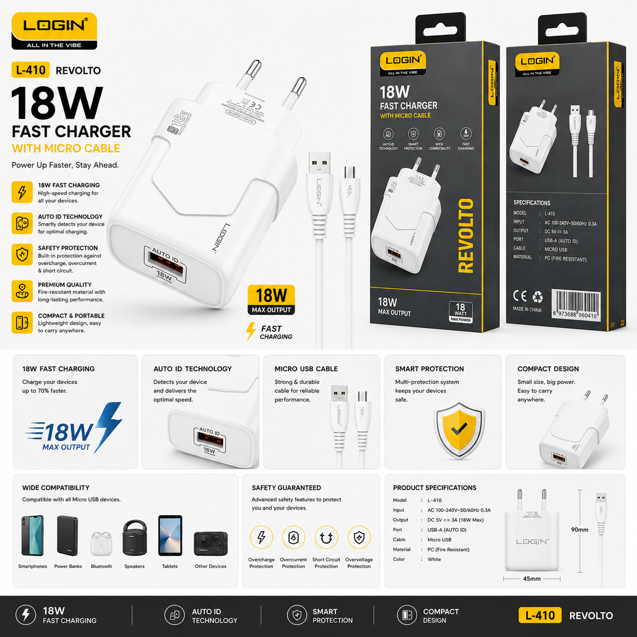 Login L-410 Revolto 18W Micro Quick Fast Charger