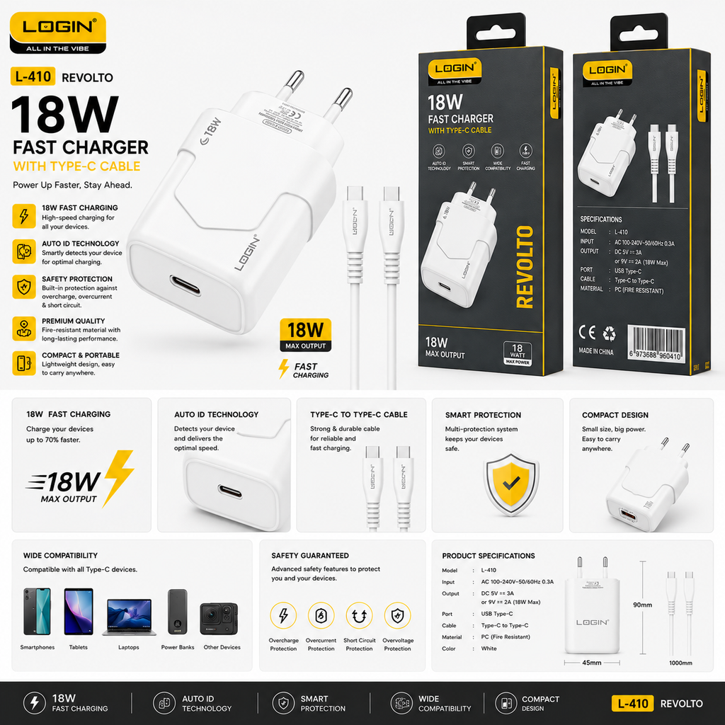 Login L-410 18W fast charger with Type-C cable