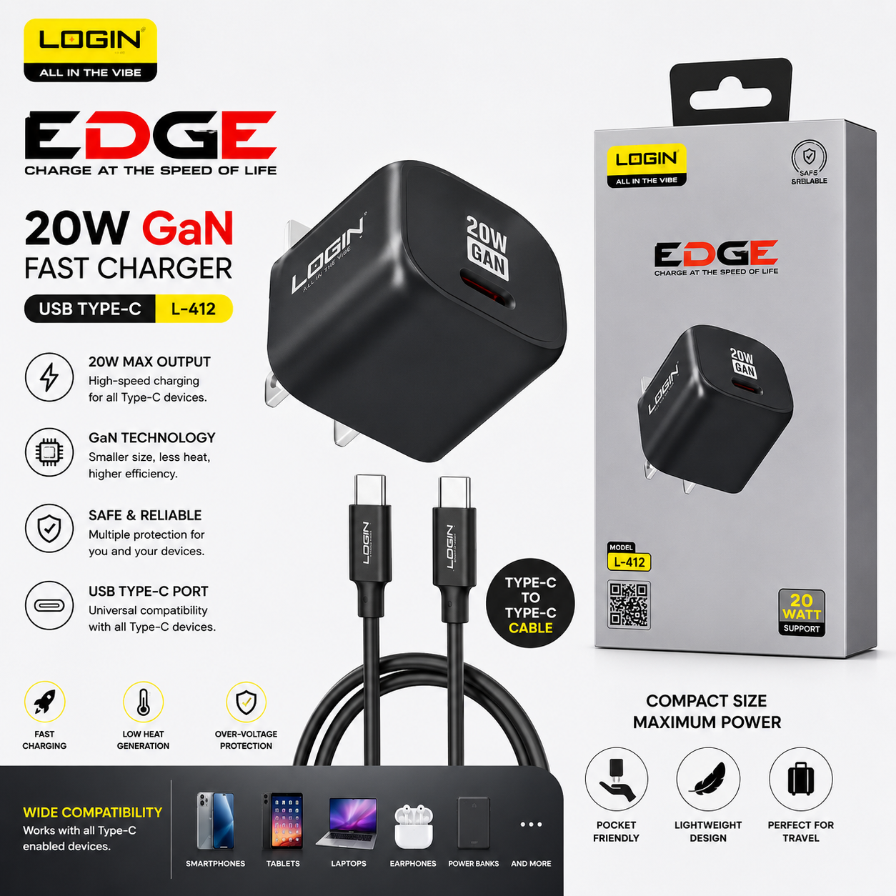 Login L-412 Edge 20W GaN Fast Charger, Single USB-C Port