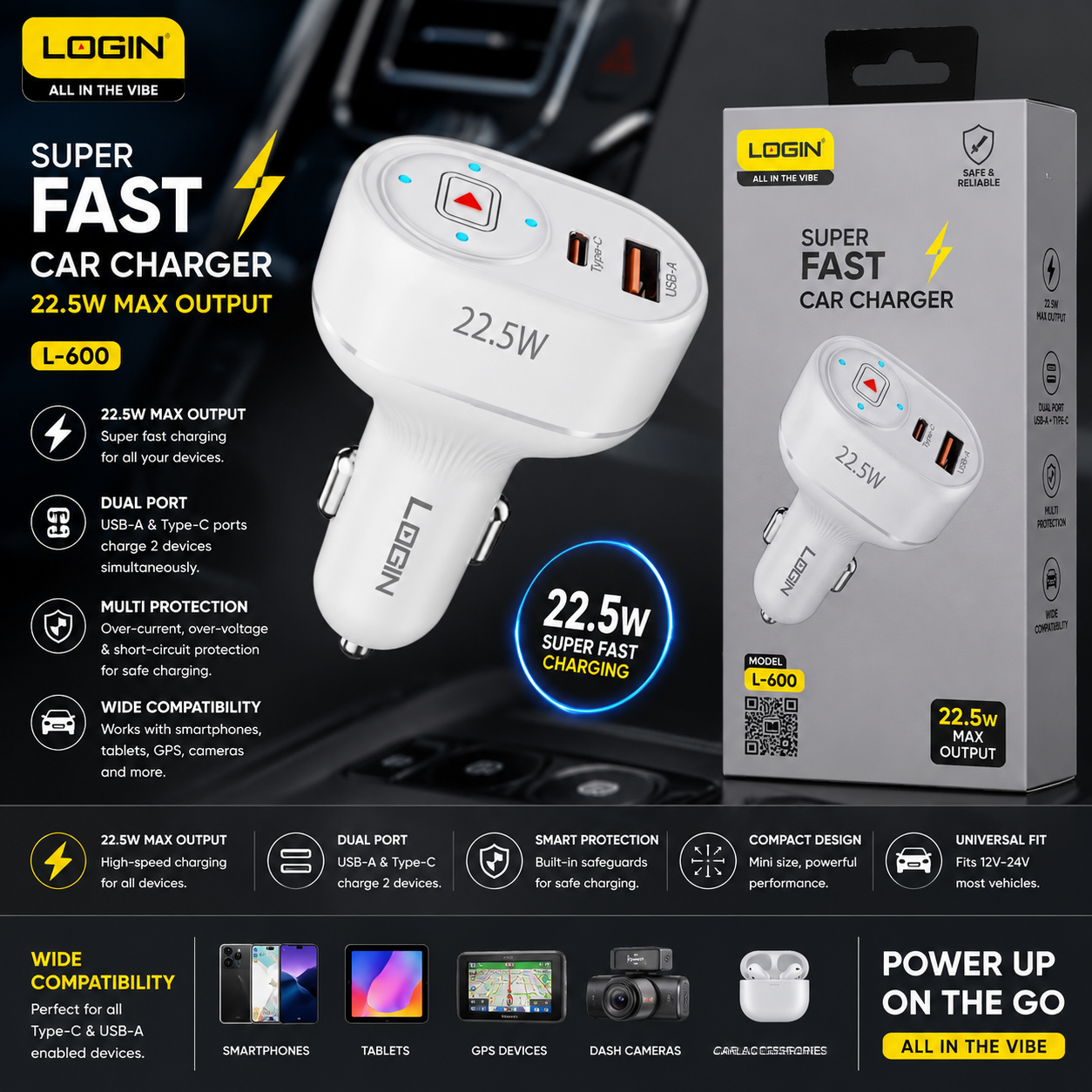 Login L-600 22.5W Dual Port Car Charger