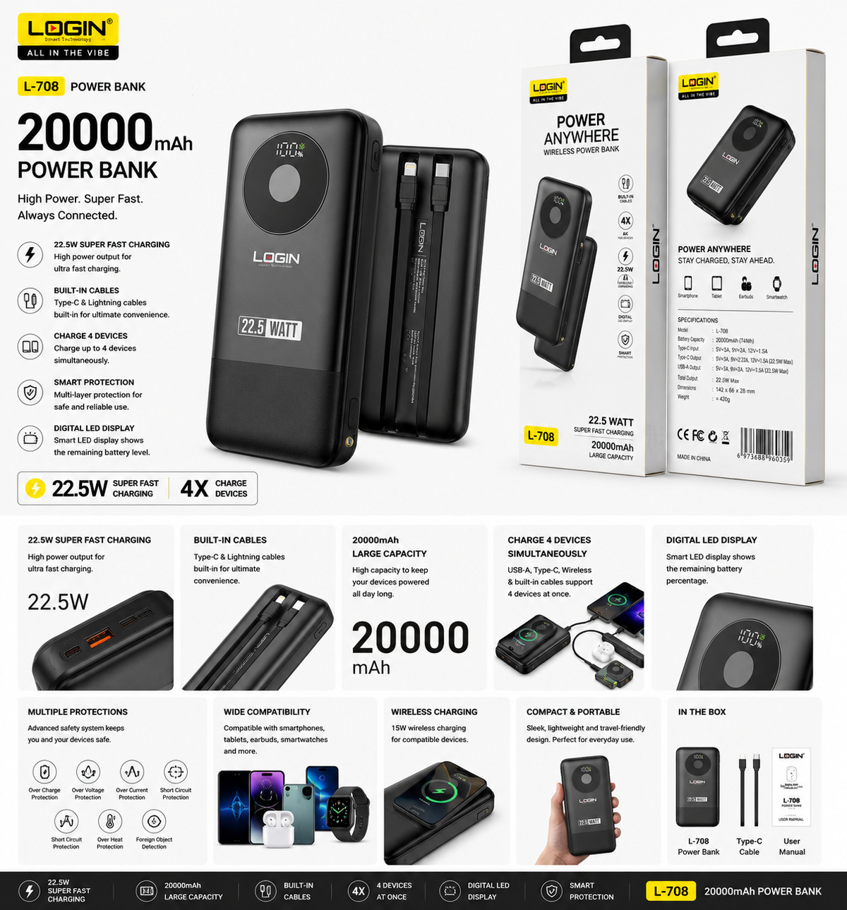 Login L-708 20000mAh wireless power bank with built-in cables and display