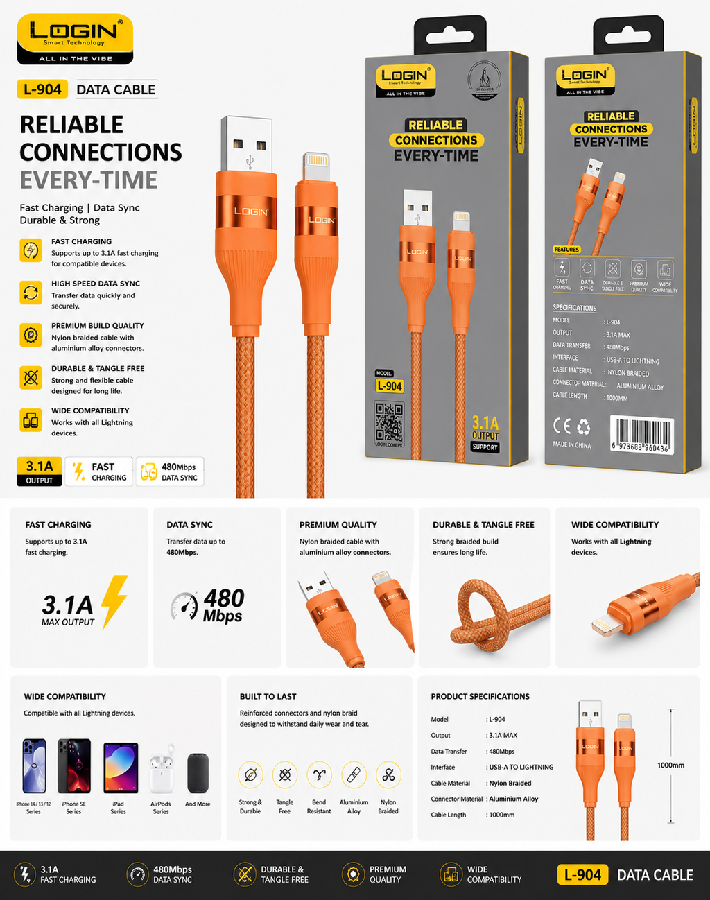 Login L-904 USB to Lightning Fast Charging Data Cable 22.5W