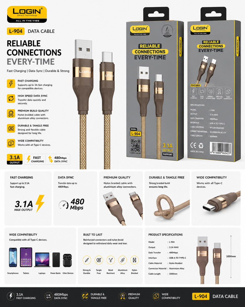 Login L-904 ChargePop USB to Type-C braided cable, 3.5A