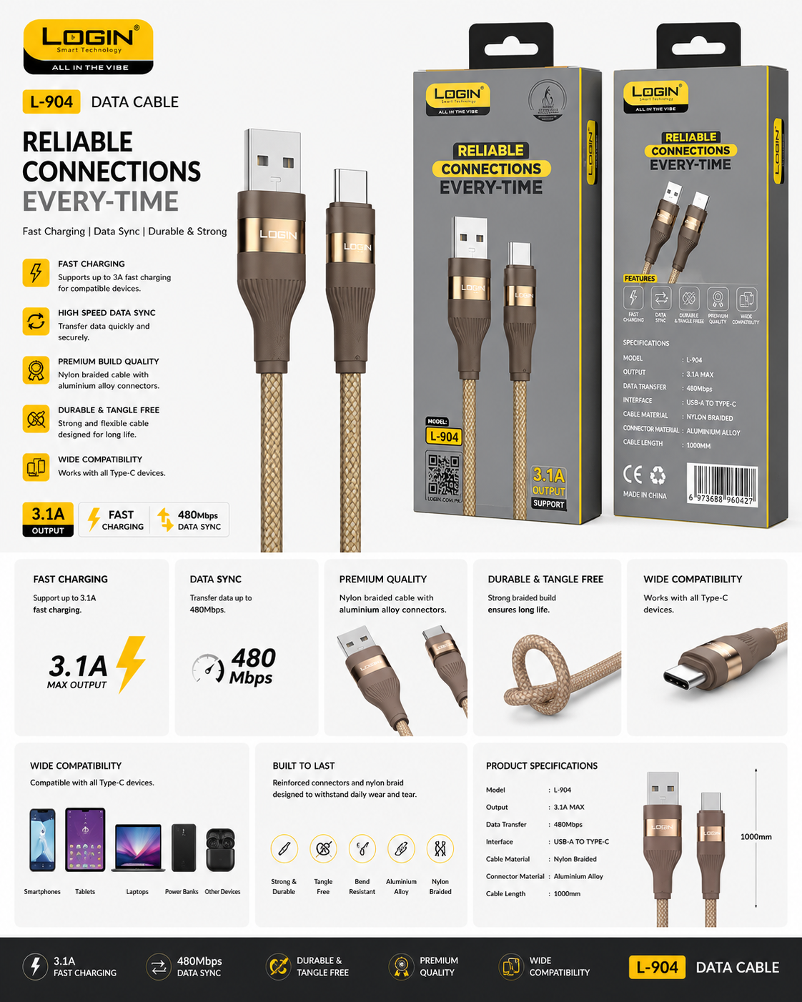 Login L-904 USB to Type-C Fast Charging Data Cable 3.5W