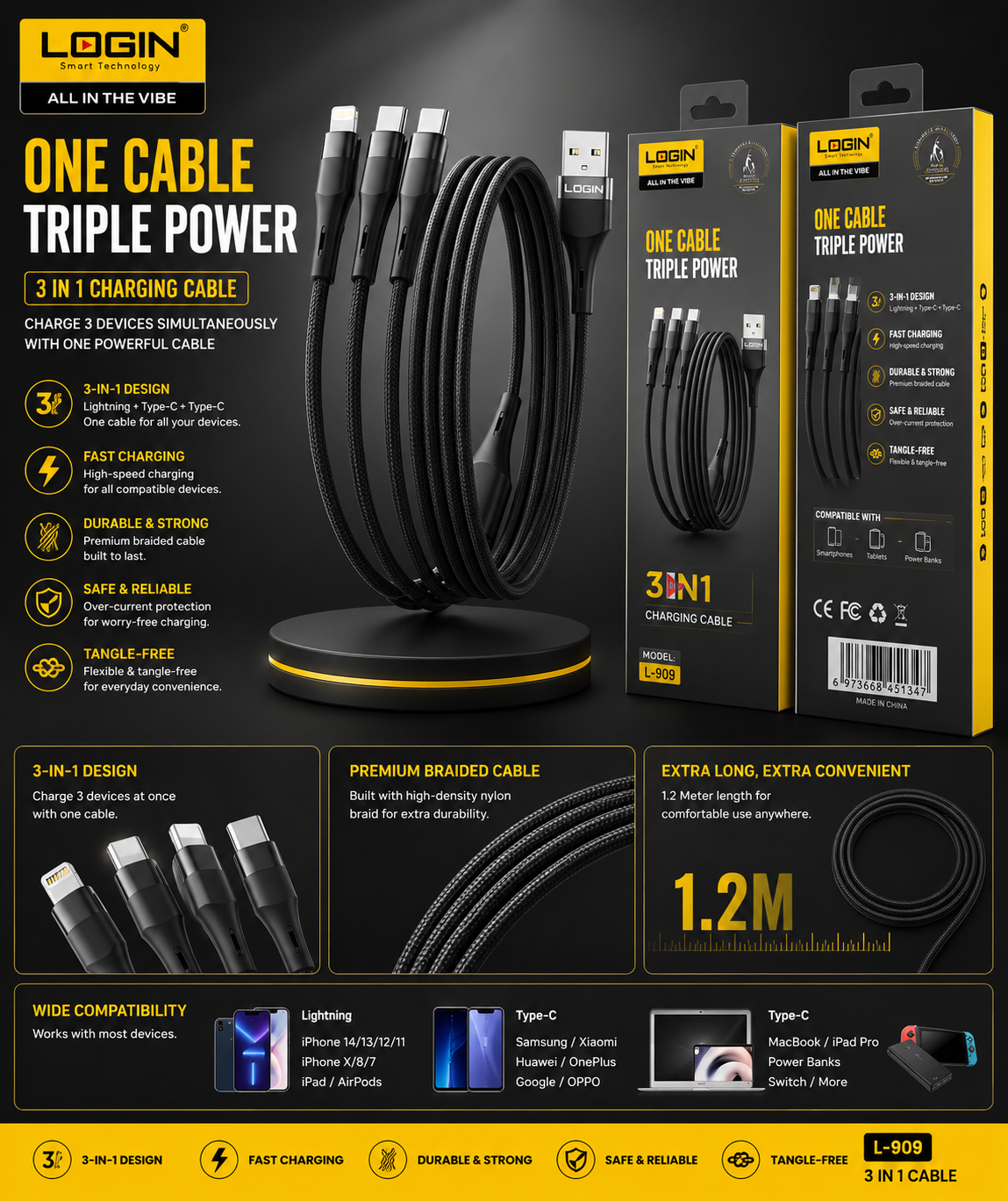 Login L-909 One Cable Triple Power 3 in 1 Charging Cable
