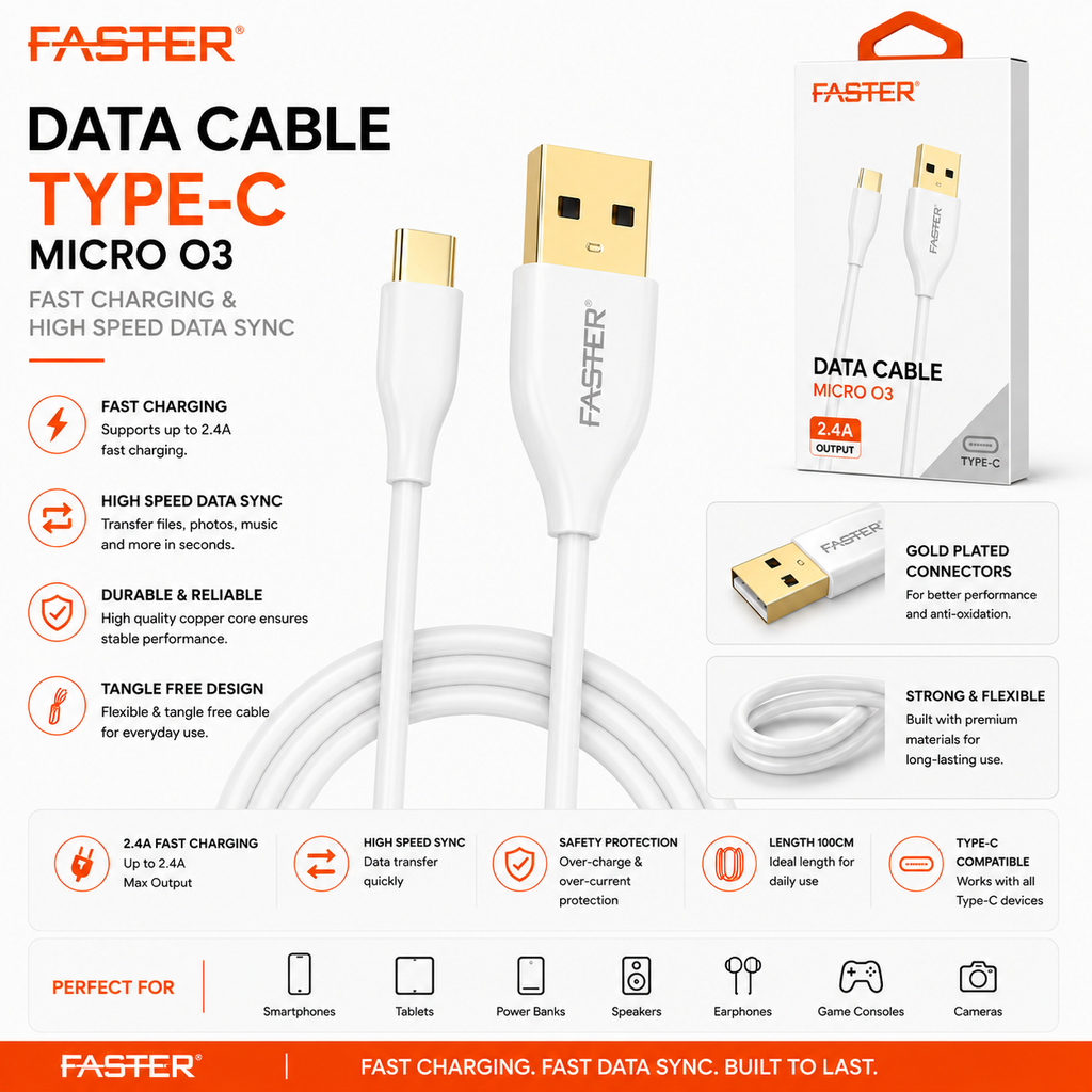 Faster O3 USB to Type-C flat data cable, 2.4A, gold plated