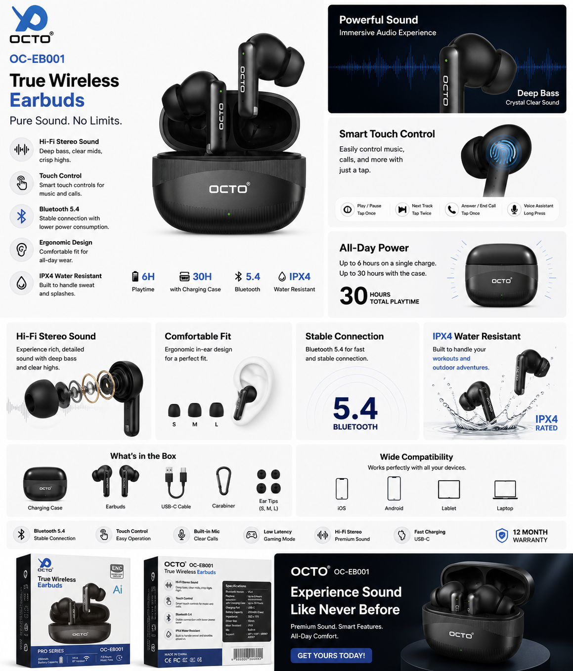 OCTO OC-EB001 Pro Series True Wireless Earbuds