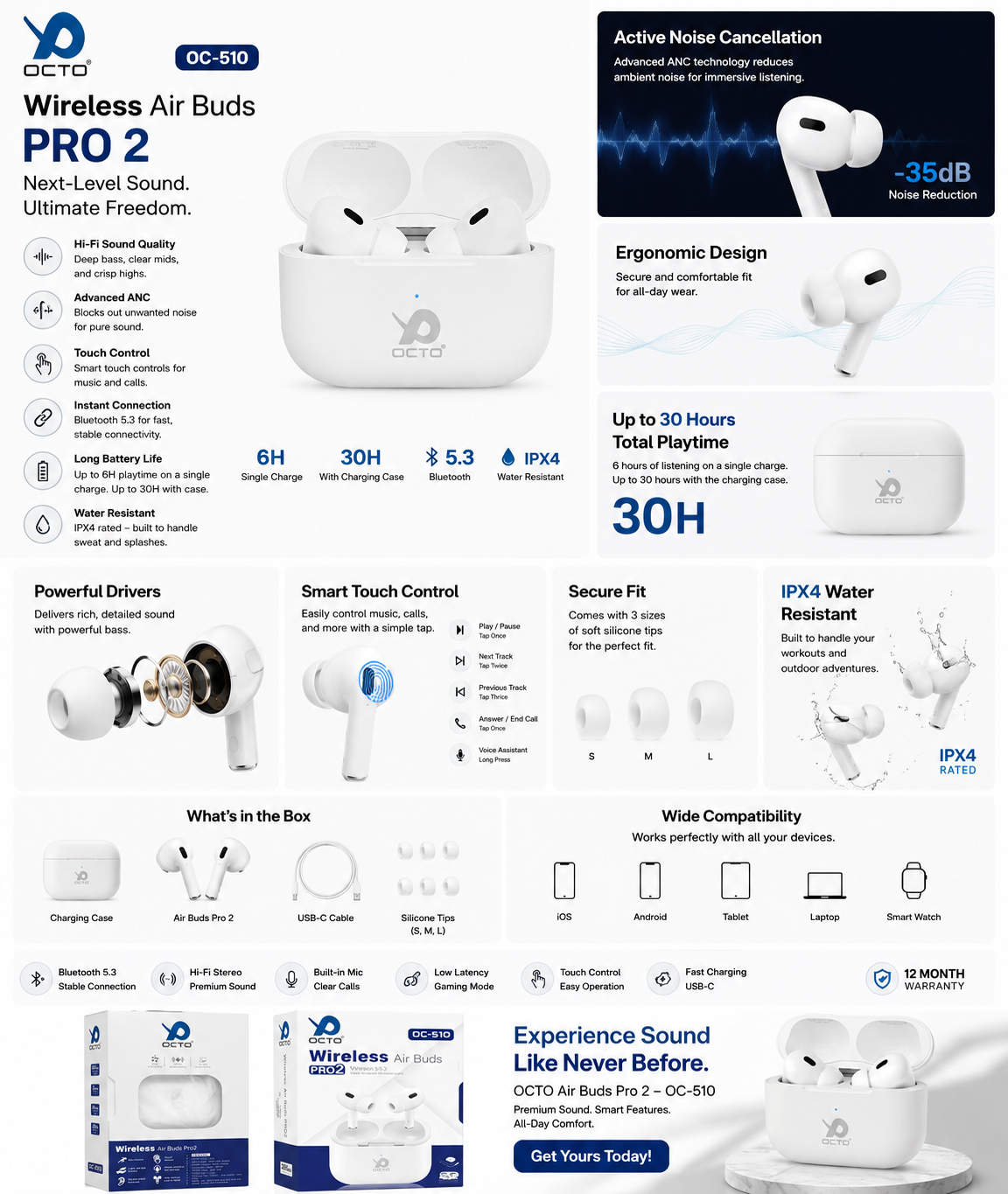 OCTO OC510 True Wireless Earbuds - Premium Sound & Smart Touch Control