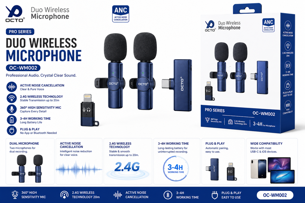OCTO OC-WM002 duo wireless upright microphones with USB-C receiver
