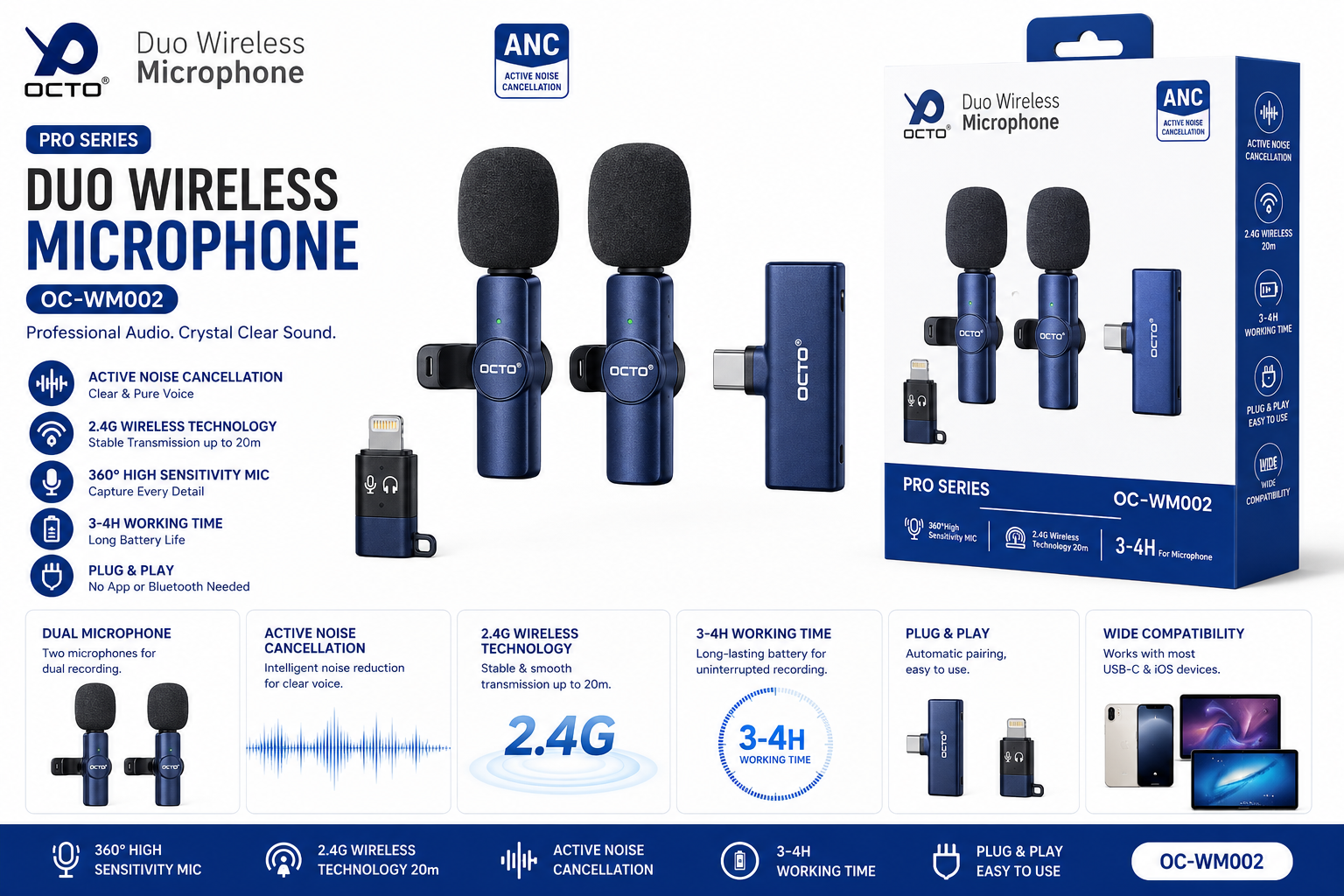 OCTO OC-WM002 Pro Series Duo Wireless Microphone  ANC