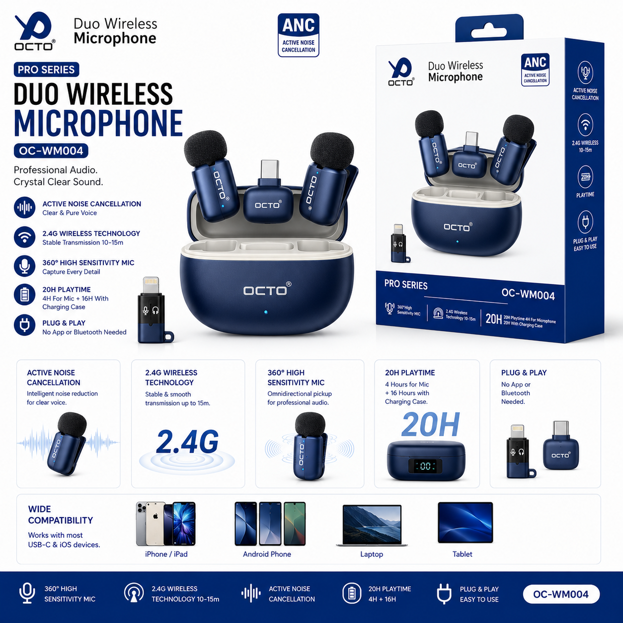 OCTO OC-WM004 Pro Series Duo Wireless Microphone ANC with Charging Case