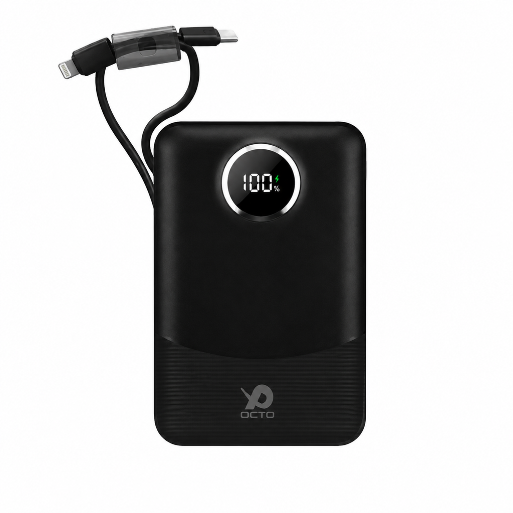 OCTO Ion OC-PB006 20000mAh power bank with built-in cables and round LCD
